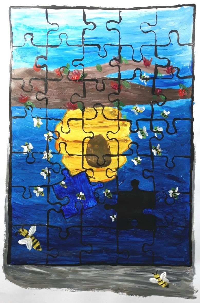 Jessi Hooper painting Sharing Stories A painting of a beehive hanging from a tree surrounded by bees, made to look like a puzzle, by student Jessi Hooper.