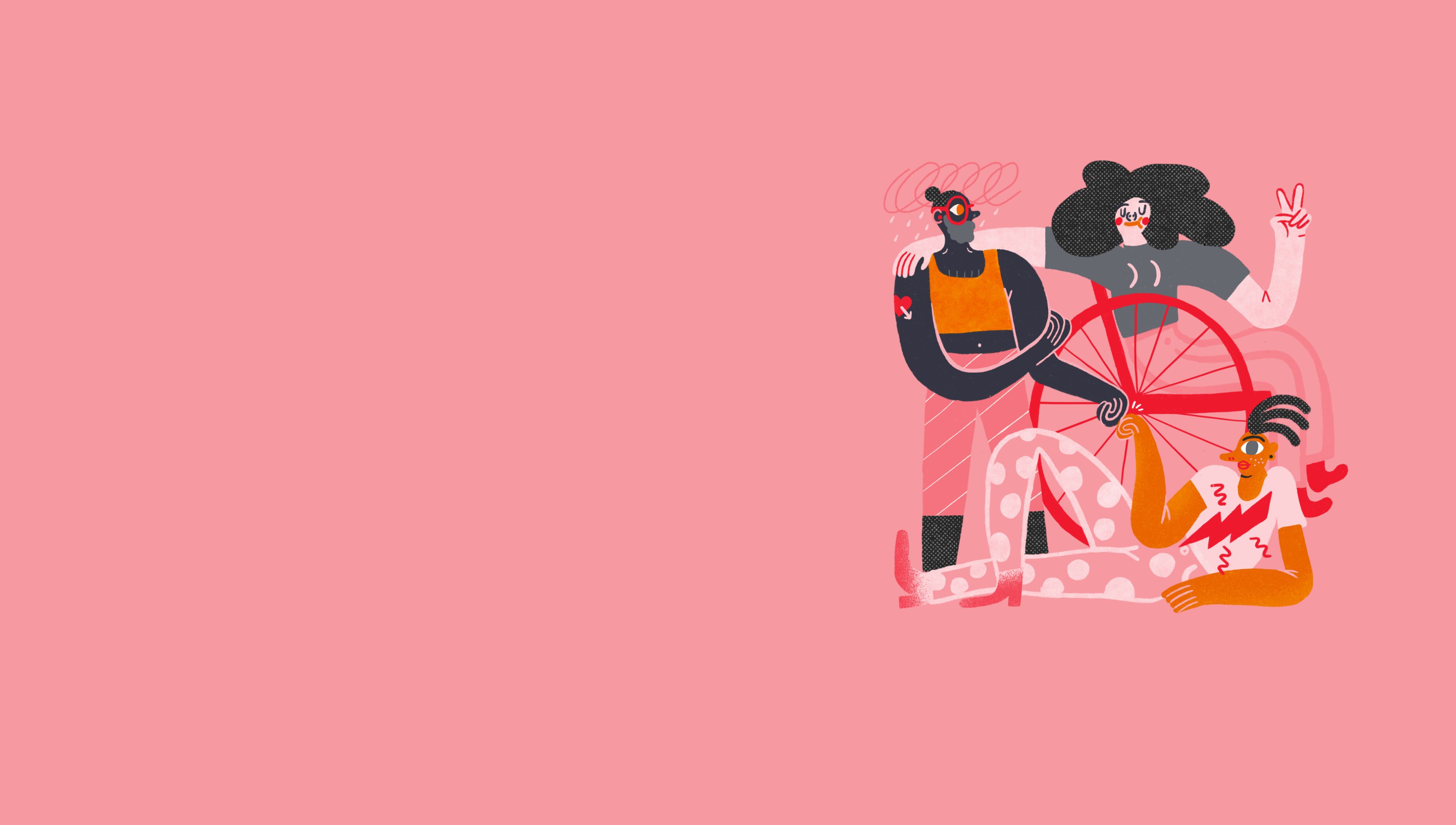 Unlearn It disability artwork Illustration shows a woman in a wheelchair, a character with rainclouds over their head and a third character lounging on the ground