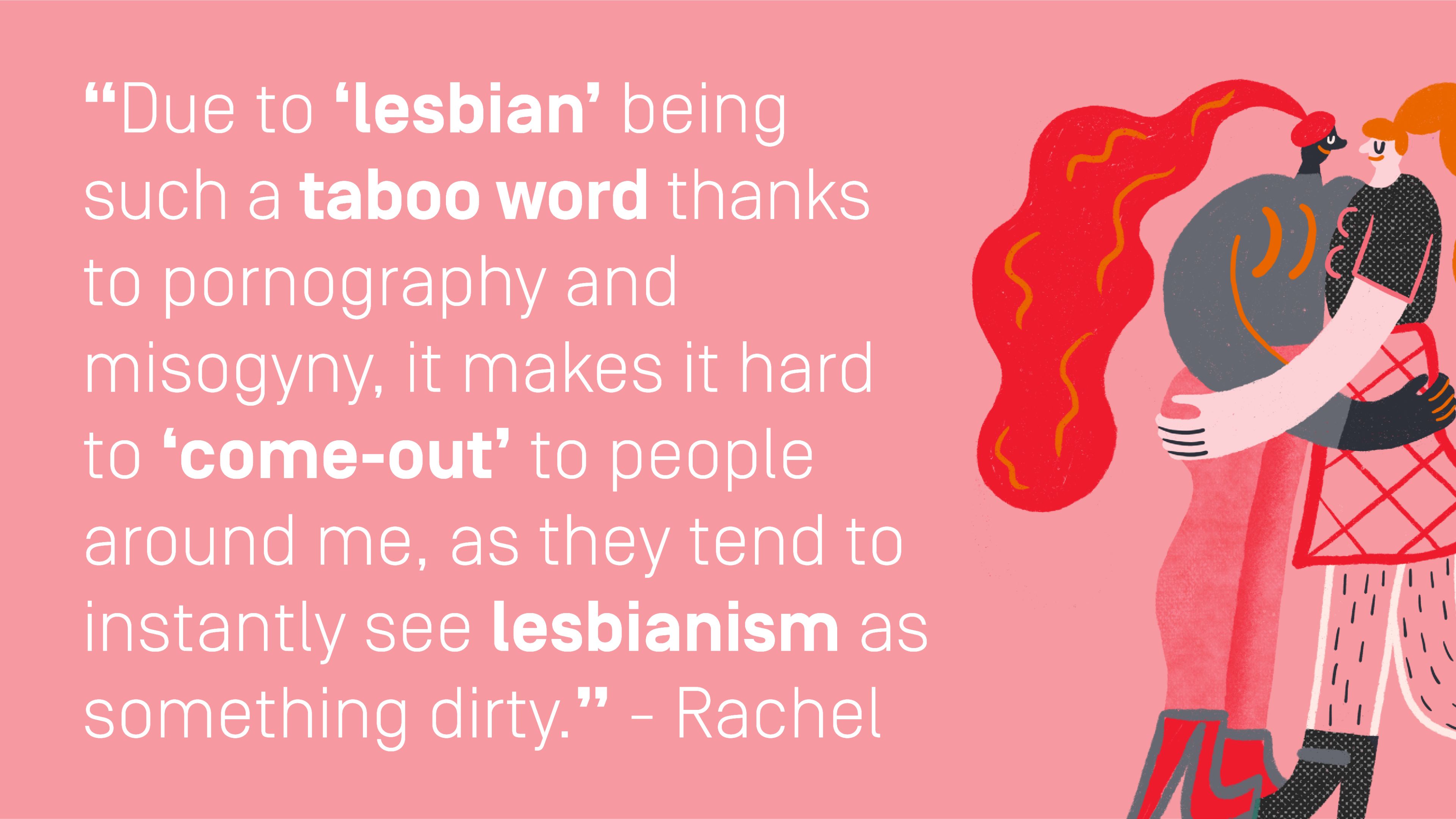 Quote by Rachel, Unlearn It Quote by Rachel: "Due to ‘lesbian’ being such a taboo word thanks to pornography and misogyny, it makes it hard to ‘come-out’ to people around me, as they tend to instantly see lesbianism as something dirty."