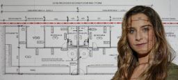 Advanced Diploma of Building Design student Irene smiling proudly in front of her floor plan projected on the wall