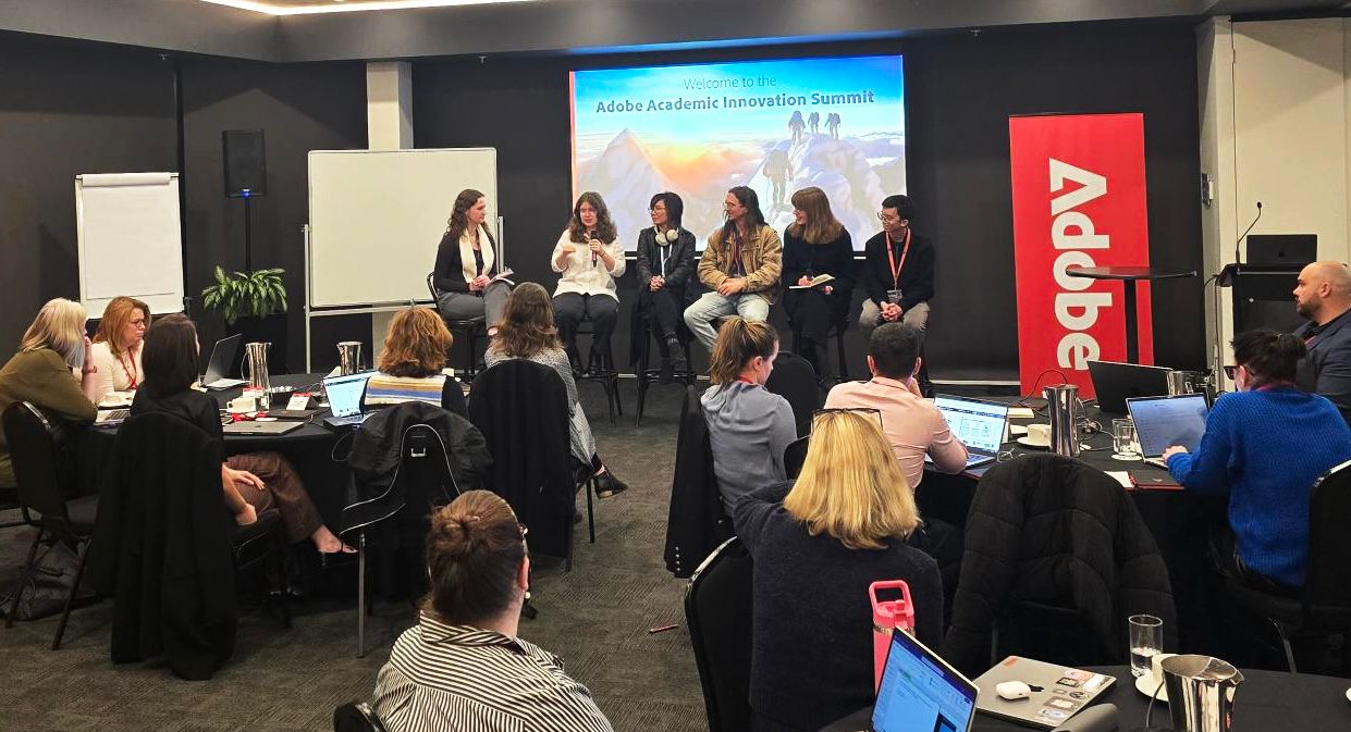 Adobe Academic Innovation Summit Student Panel. L-R Charlotte Dyer, Talia Liebmann, Eva Tjarka, Daniel Zeleznik-Pina, Lily Ballot-Jones, Zhen Lin Lau Students from Swinburne hosted a panel discussion at the Adobe Academic Innovation Summit