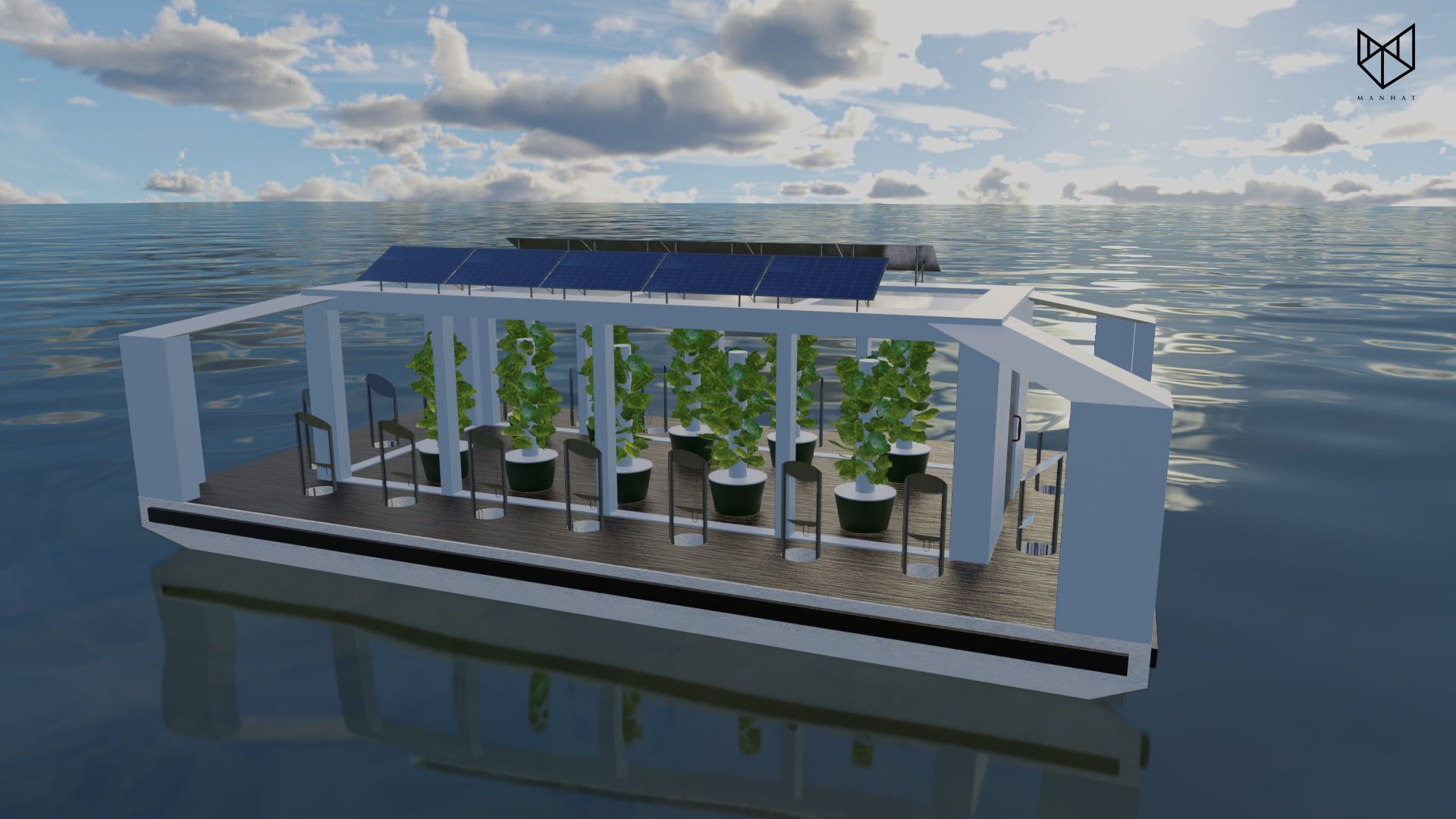 Manhat's floating farms solution A platform in the middle of the ocean with plants and an irrigation system attached, including solar panels on the roof of the farm.