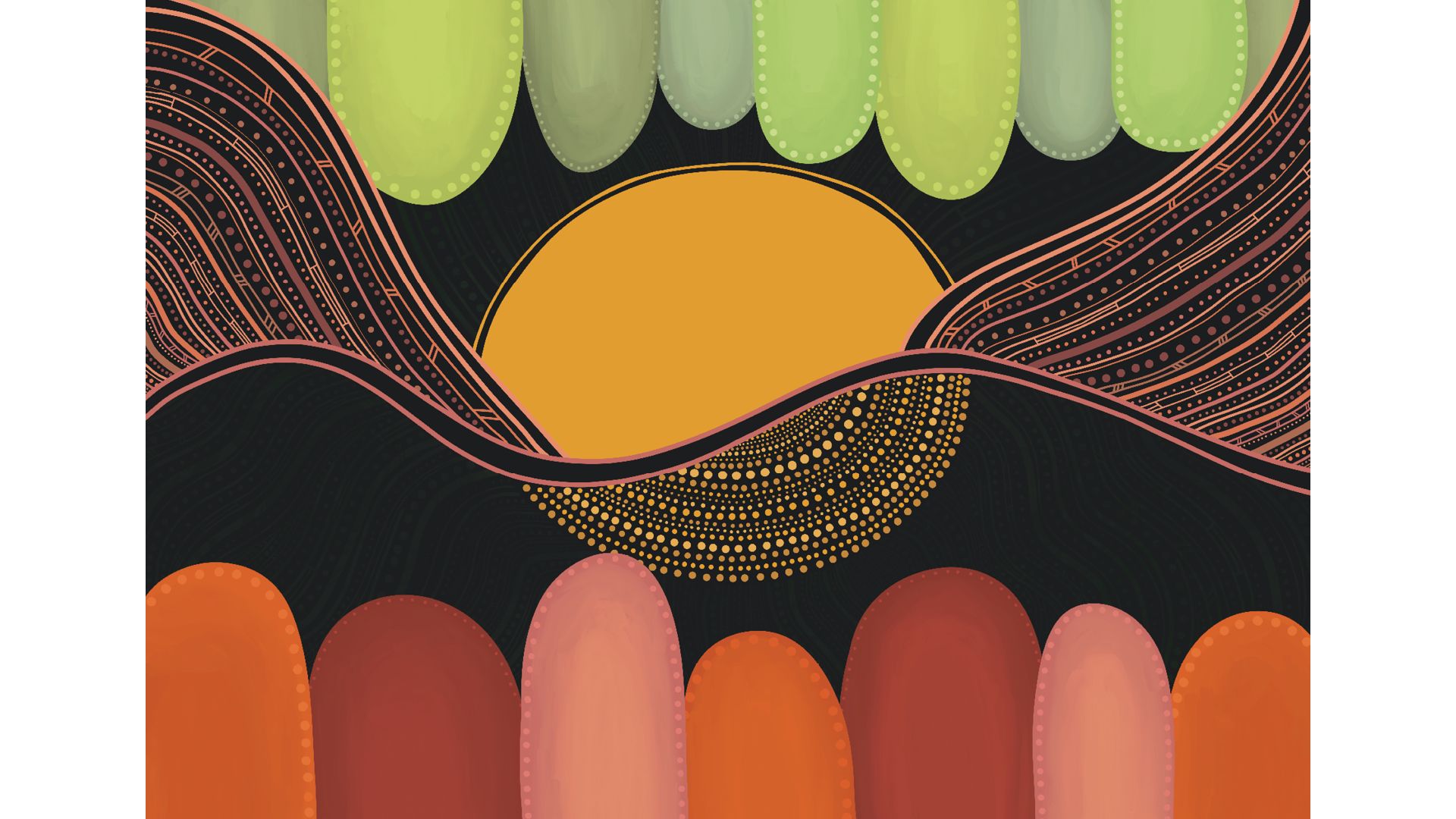 Emily Gittins Indigenous artwork should a sun at the centre with green, pink and black shapes around it