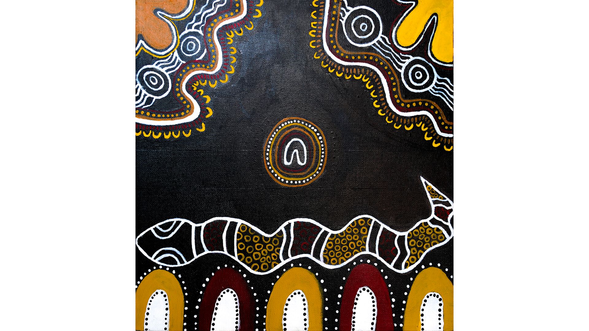 Hayley Kneebone Acrylic on canvas artwork displaying a snake and other white, yellow and orange shapes on a black background