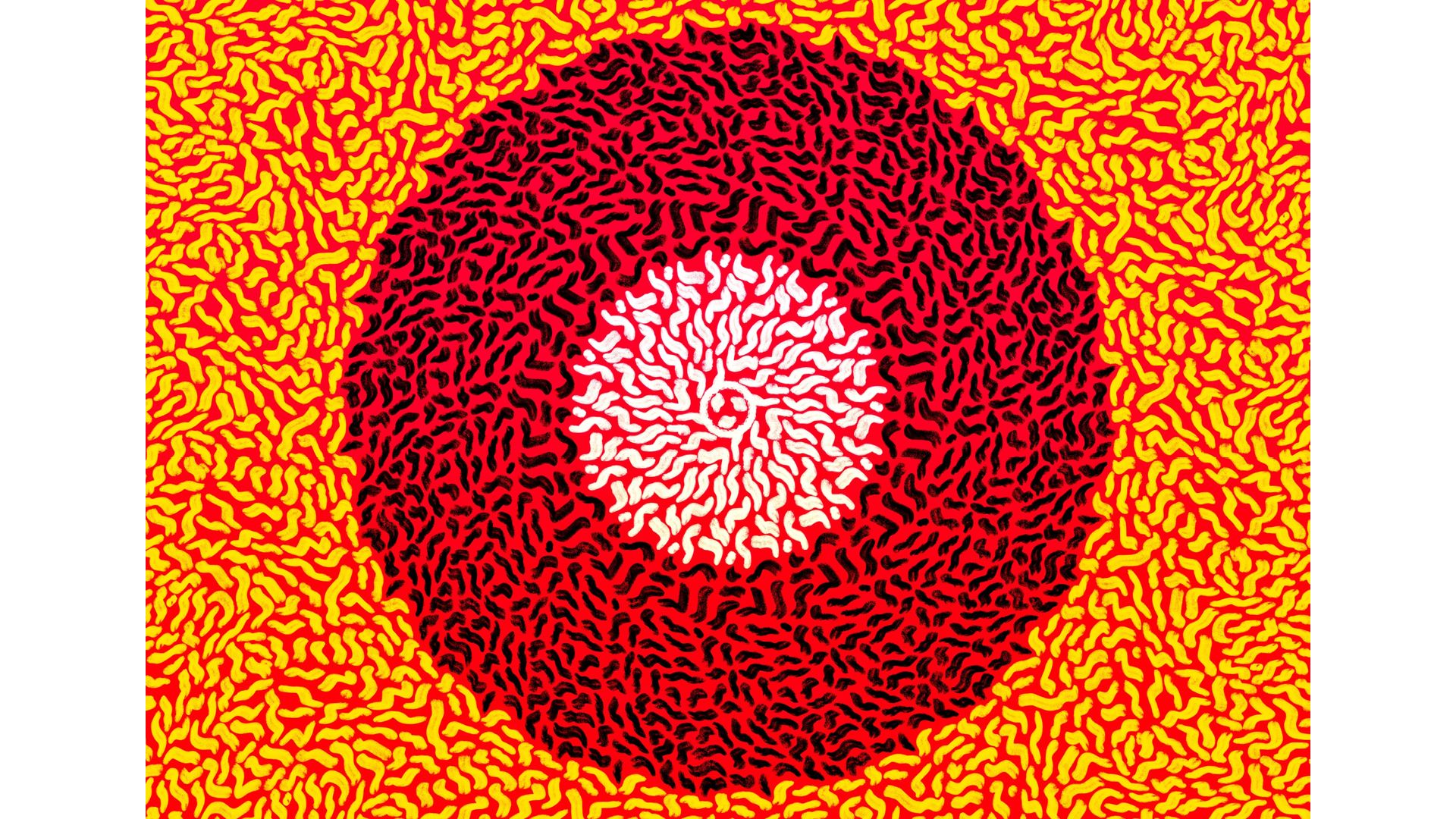 Nyarrəmbən by Jack Dorgan Artwork featuring small shapes making up a larger red circle, with a white one inside it, and yellow background
