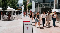 Four students walking together and talking while at Swinburne Hawthorn for Orientation