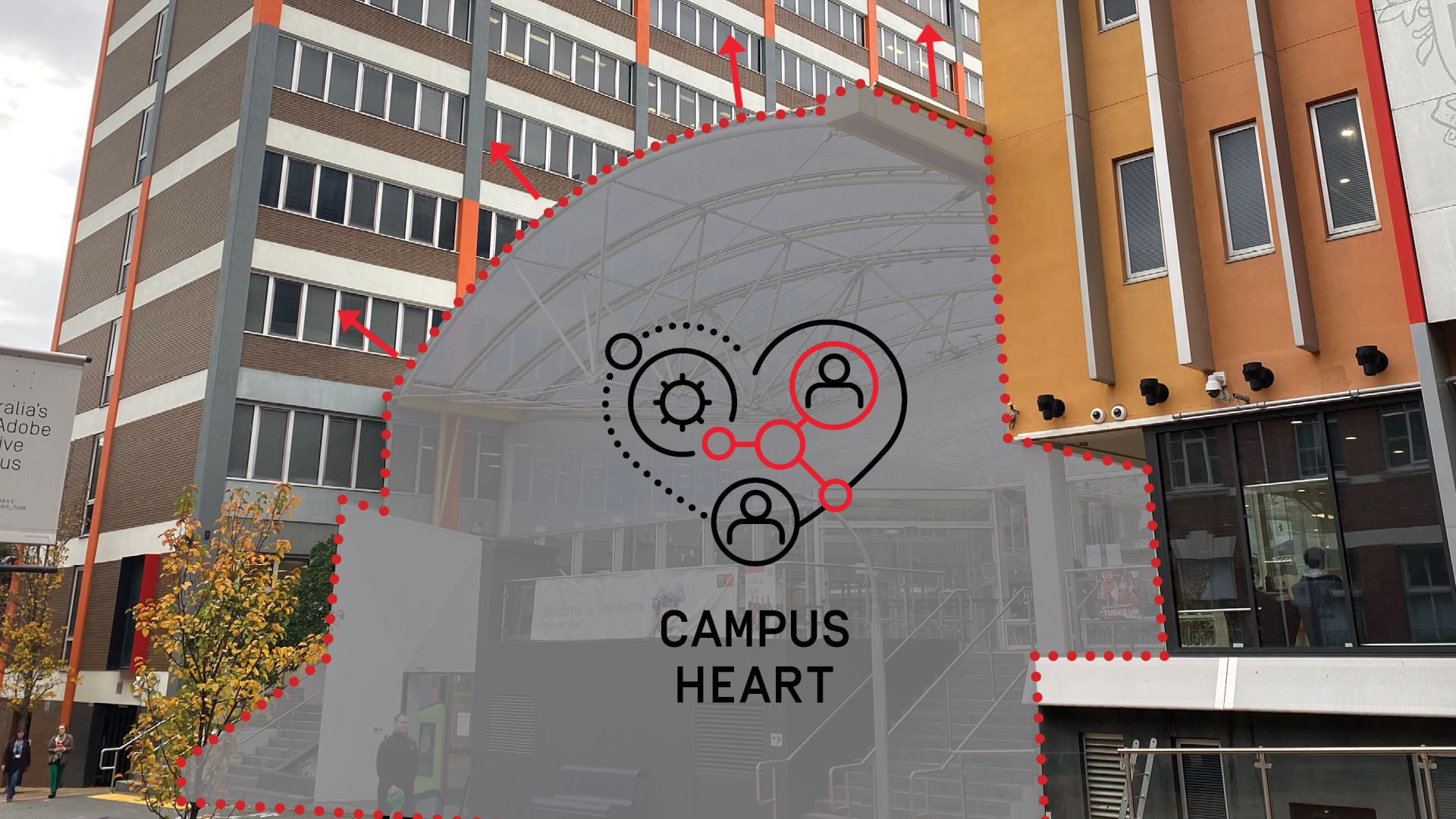 Campus Heart A grey shadow outlined with red dots shows where a new building will go on campus