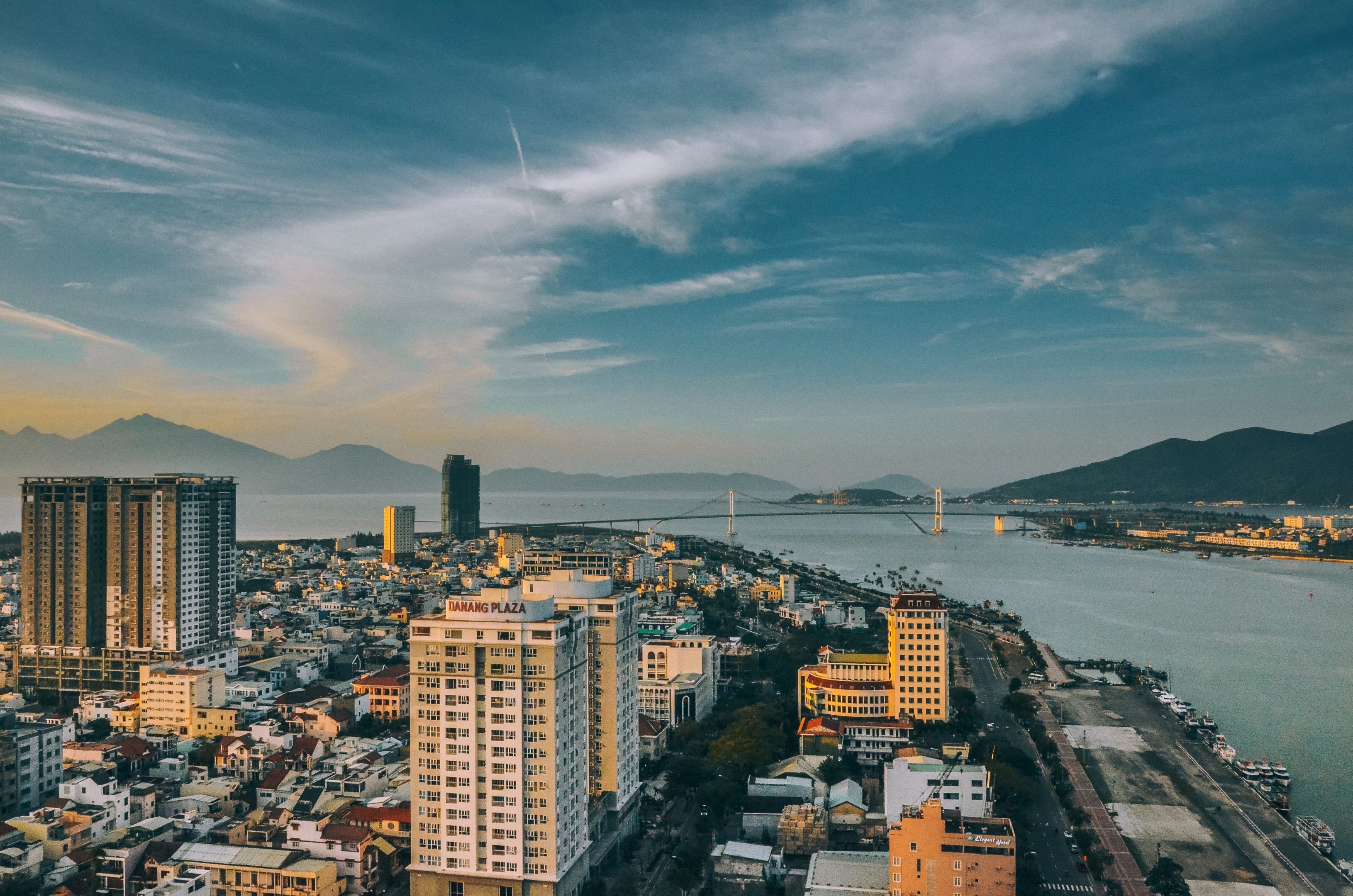 Aerial colour image of coastal city Da Nang, Vietnam