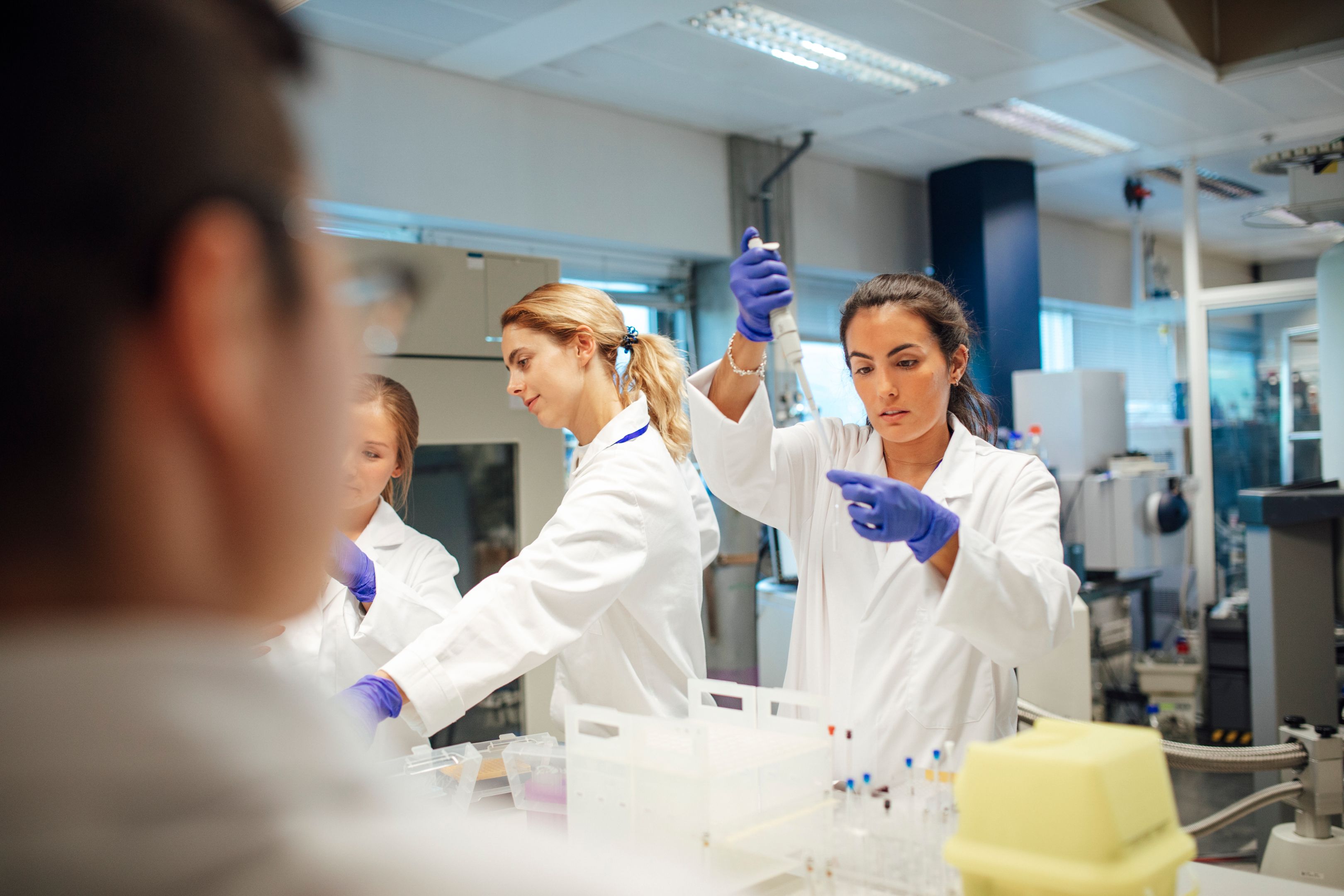 Female science students are working around a table in a laboratory. Learning on the Job, Science University Students