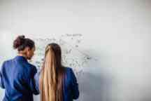 Two teenage school girls standing in front of  a large whiteboard side by side solving a mathematics equation on the board.
