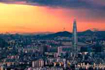 Sunset over the skyline in Seoul, South Korea. 