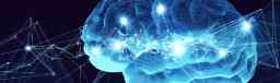 An illustration of a big blue brain in the background, with a design of blue jagged lines and bright white spots in front of it
