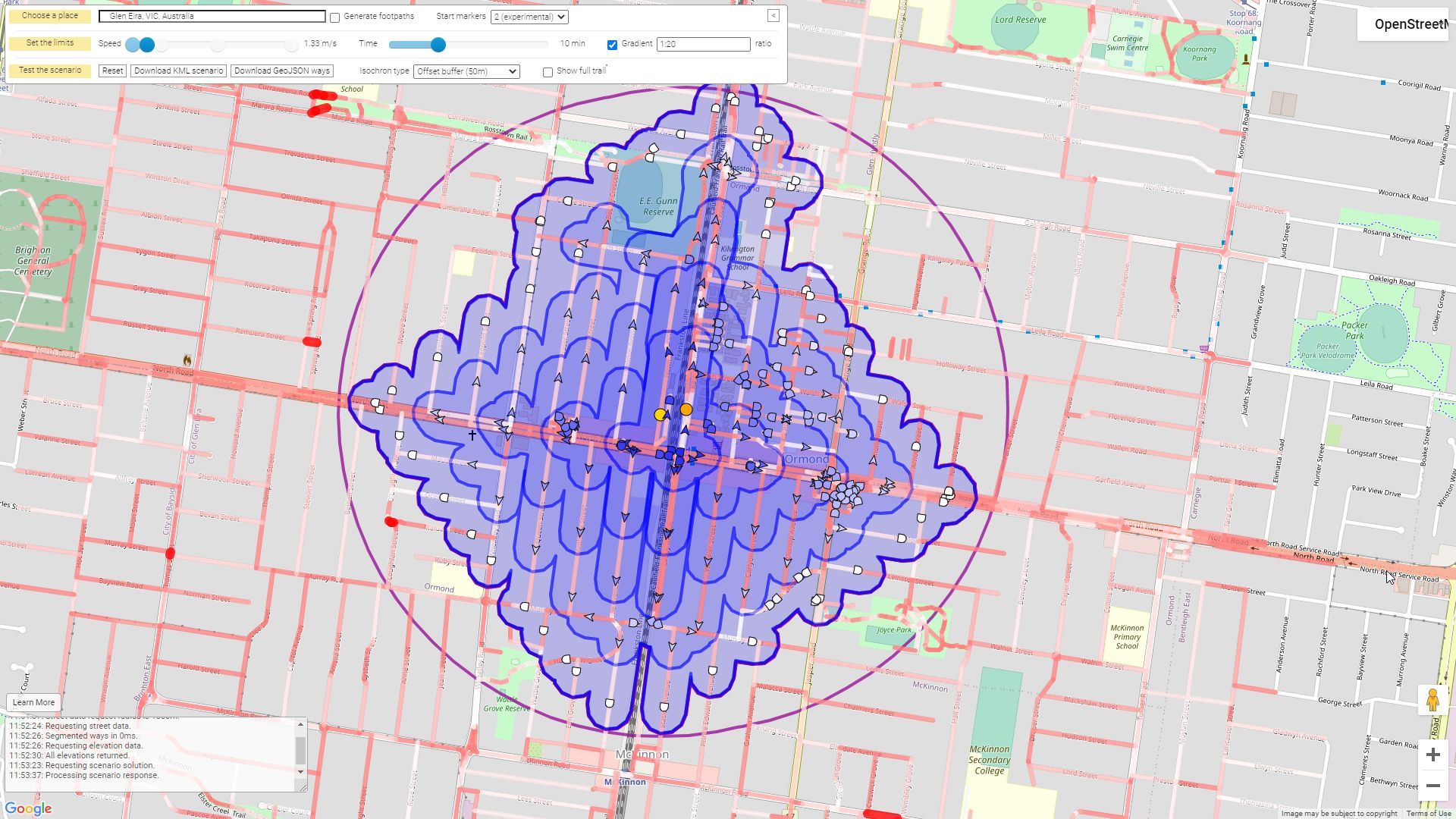 Walking accessibility analysis showing outcomes of pedestrian catchment modelling (ped-shed) for ten minutes' walk. ARC Linkage - research image