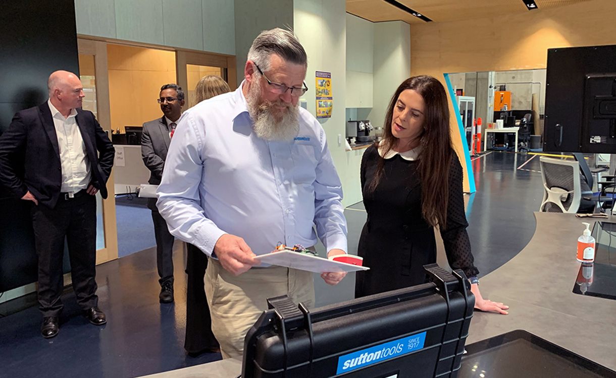 Steve Dowey and Bronwyn Fox Dr Steve Dowey from Sutton Tools demonstrates factory in a box to Bronwyn Fox