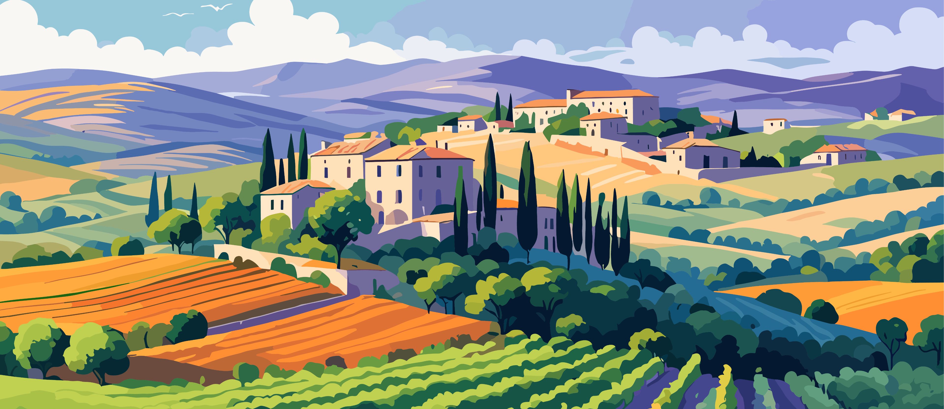 Prato 2025 Tuscany Stylised image of Tuscan hills with villas and vineyards