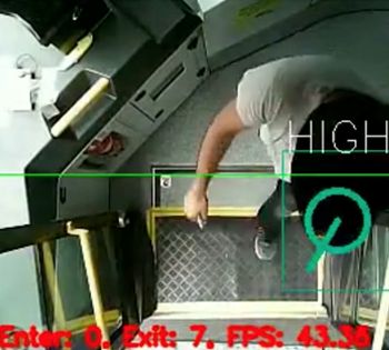 Real-time video-based passenger analytics Example of real-time video-based passenger analytics showing a person stepping out of a bus.