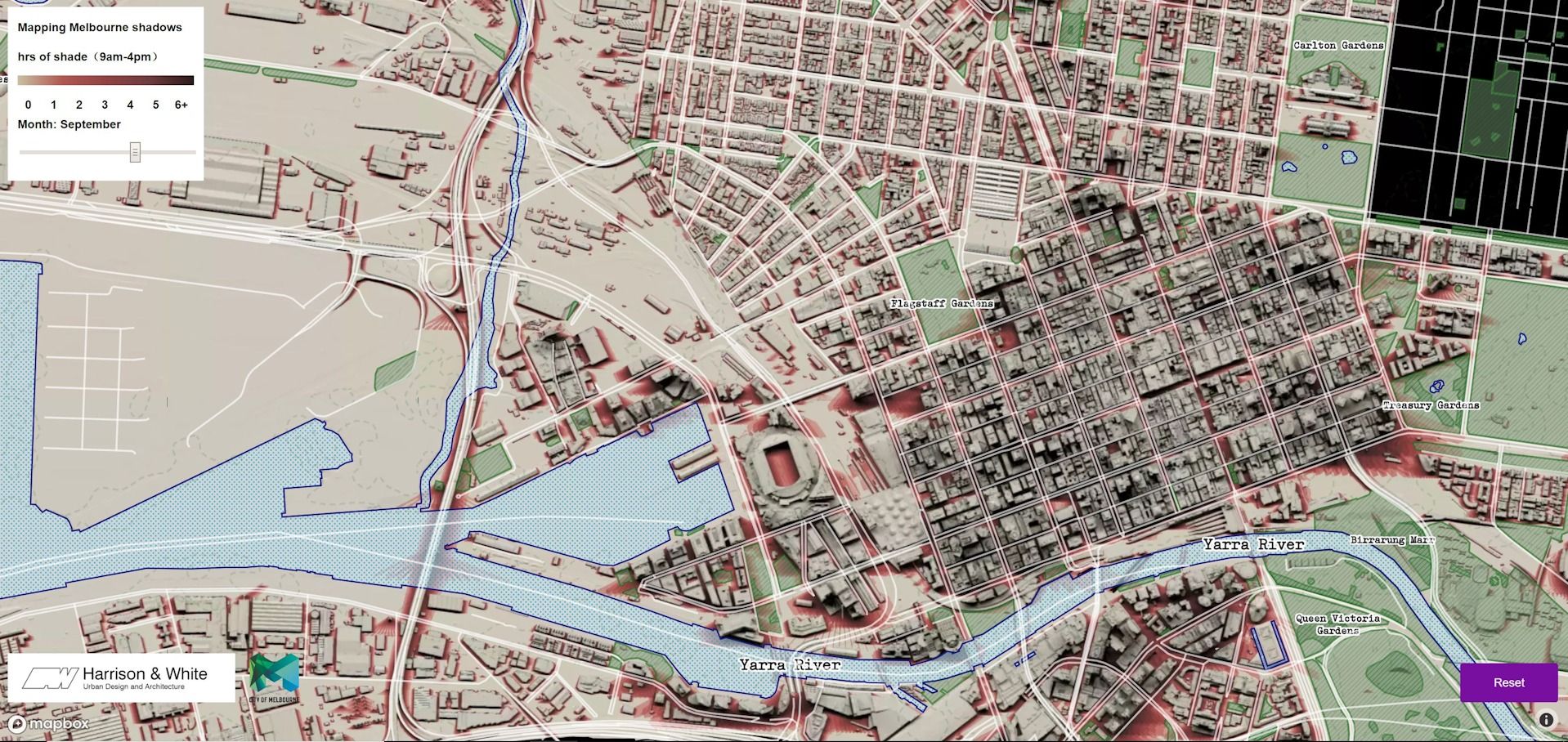 Shadows by time of day were mapped across the entire City of Melbourne. Shadows by time of day - Solar Preservation for the City of Melbourne