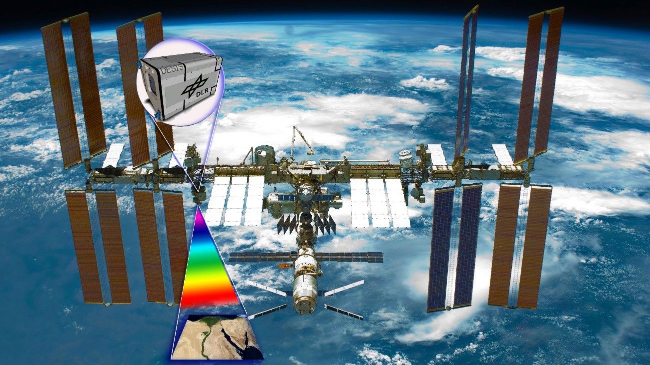 In partnership with the DLR, the DLR Earth Sensing Imaging Spectrometer (DESIS) instrument has been successfully installed on the International Space Station. DESIS is a hyperspectral earth observation device that greatly advances our ability to characterise vegetation health and stress, water quality and pollution, as well as the Earth's mineral resources. Image credit: German Aerospace Centre / Deutsches Zentrum für Luft- und Raumfahrt (DLR) - CC-BY 3.0 In partnership with the DLR, the DLR Earth Sensing Imaging Spectrometer (DESIS) instrument has been successfully installed on the International Space Station. DESIS is a hyperspectral earth observation device that greatly advances our ability to characterise vegetation health and stress, water quality and pollution, as well as the Earth's mineral resources. Image credit: German Aerospace Centre / Deutsches Zentrum für Luft- und Raumfahrt (DLR) - CC-BY 3.0