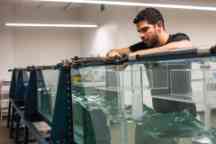 Man leaning over a tank of wave watching as it generates random wave patterns
