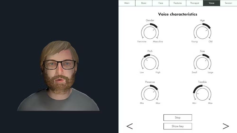 screenshot from amythyst trials screenshot of a man in glasses on the left side and a graphic of voice characteristics on the right