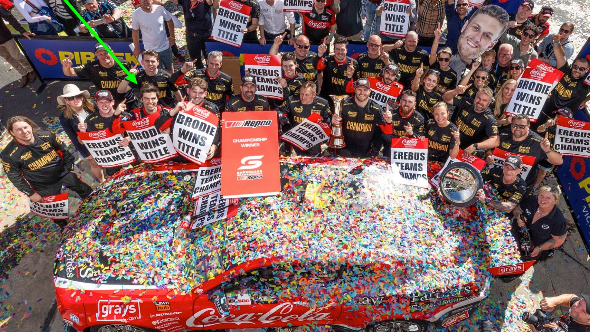 Bachelor of Engineering (Product Design) student Tom after championship race A crowd of supporters and the Erebus team with their championship winning car, covered in rainbow confetti.