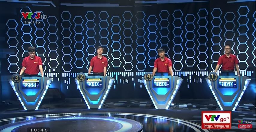 Way to Olympia Peak televised final 2017 Four contestants in red shirts stand in front of podiums on a TV game show set
