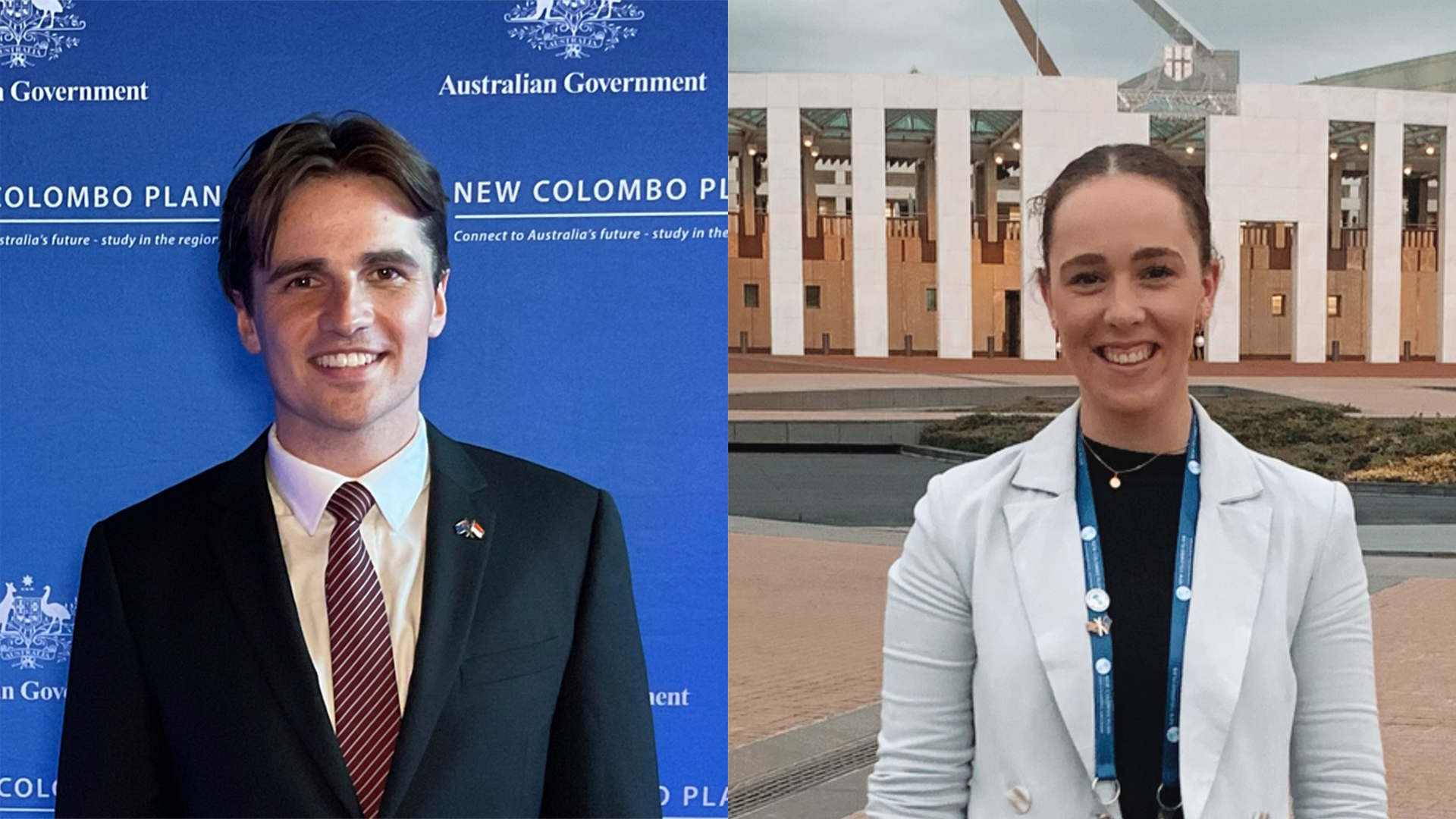 Split image of Lachlan (left) in front of a blue background and Claire (right) in front of Parliament house