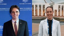 Split image of Lachlan (left) in front of a blue background and Claire (right) in front of Parliament house