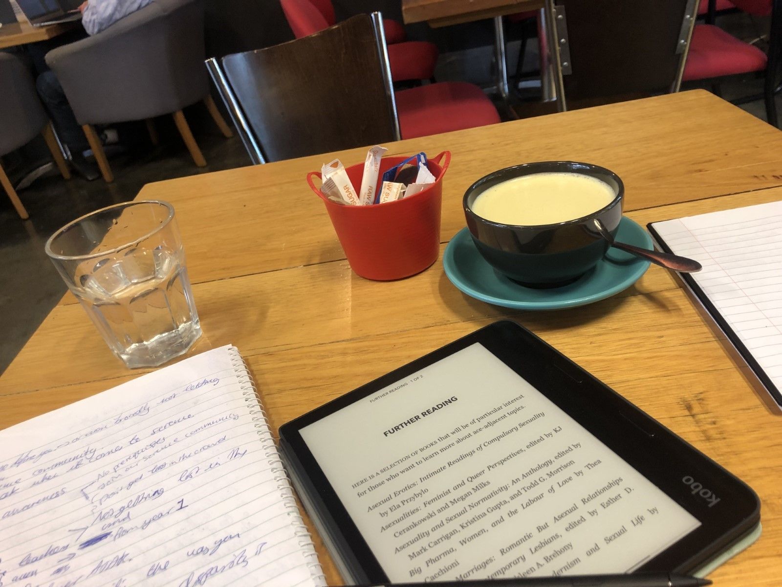 Viola likes to romanticise her study sessions with an expensive beverage against a cafe backdrop. Notebooks and an e-reader strewn across a cafe table alongside a turmeric latte.