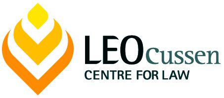Print yellow and orange abstract logo on the left and Leo Cussen Centre for law spelt out in stylistic font on the right