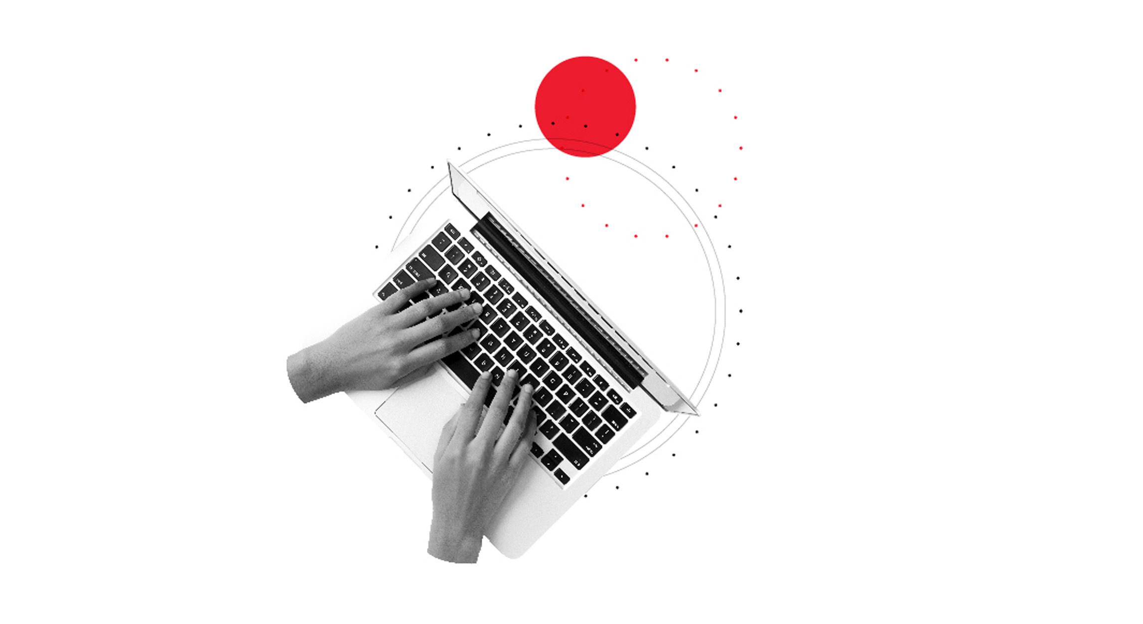 Technology skills keyboard Hands on a keyboard with red and grey circles